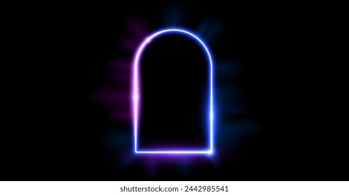 Marco curvo de neón brillante. Borde de arco azul púrpura brillante. Concepto de puerta portal de luz de neón. Borde de arco rectangular con llamaradas. Elemento de diseño de Morden para póster, banner, juego, interfaz. Vector