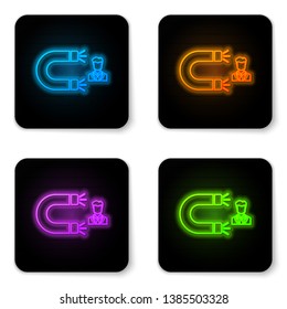 Glowing neon Customer attracting icon isolated on white background. Customer retention, support and service. Customer man attracting with magnet. Black square button. Vector Illustration