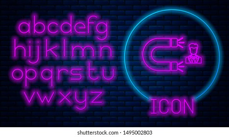 Glowing neon Customer attracting icon isolated on brick wall background. Customer retention, support and service. Customer man attracting with magnet. Neon light alphabet. Vector Illustration