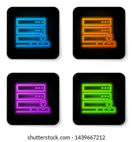 Glowing neon Customer care server icon isolated on white background. Tech support concept with male operator. Call center sign. Black square button. Vector Illustration