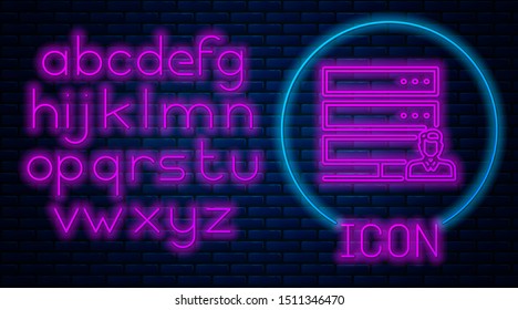 Glowing neon Customer care server icon isolated on brick wall background. Tech support concept with male operator. Call center sign. Neon light alphabet. Vector Illustration