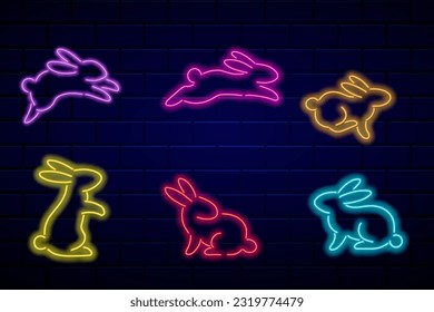 Glühendes Neon-süßes Springhase.  Umriss des Neon-Mondkaninchen-Symbolsatzes.
Feierliche, lustige Ferienhäuser, Halbherbstfest und Neujahr. Vektorsymbol-Set