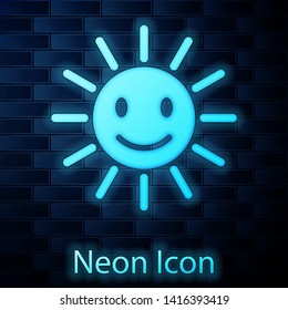 Glowing neon Cute sun with smile icon isolated on brick wall background. Funny smiling sun. Happy sunny smile. Vector Illustration