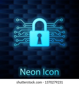 Glowing neon Cyber security icon isolated on brick wall background. Closed padlock on digital circuit board. Safety concept. Digital data protection. Vector Illustration