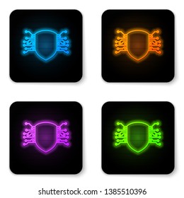 Glowing neon Cyber security icon isolated on white background. Shield sign. Safety concept. Digital data protection. Black square button. Vector Illustration