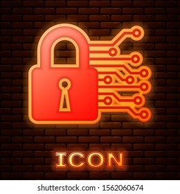 Glowing neon Cyber security icon isolated on brick wall background. Closed padlock on digital circuit board. Safety concept. Digital data protection.  Vector Illustration