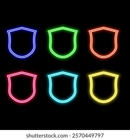 Glowing neon cyber security Sign up on the background of the dark brick wall. Internet protection symbol with shield