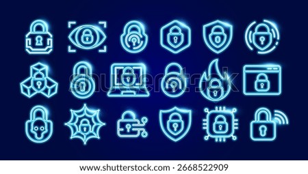 Glowing neon cybersecurity icons set showing padlocks shields browser, laptop chip virus alert. Digital protection firewall antivirus privacy. Futuristic glowing logo collection. Vector illustration