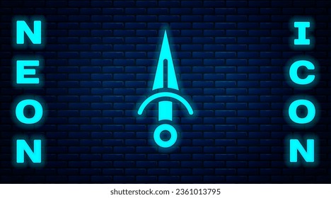 Glowing neon Dagger icon isolated on brick wall background. Knife icon. Sword with sharp blade.  Vector