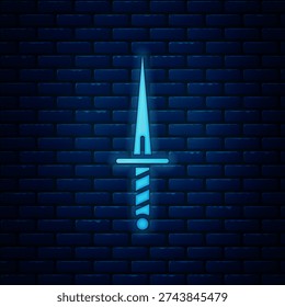 Glowing neon Dagger icon isolated on brick wall background. Knife icon. Sword with sharp blade.  Vector Illustration