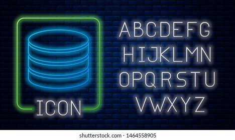 Glowing neon Database icon isolated on brick wall background. Network databases, disc with progress bar. Backup concept. Neon light alphabet. Vector Illustration