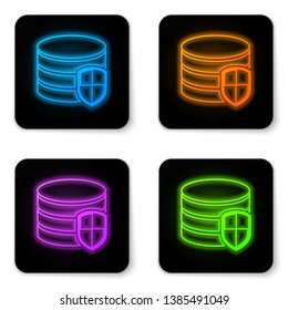 Glowing neon Database protection icon isolated on white background. Secure database icon. Black square button. Vector Illustration