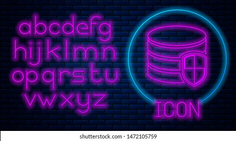 Glowing neon Database protection icon isolated on brick wall background. Secure database icon. Neon light alphabet. Vector Illustration