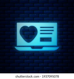 Glowing neon Dating app online laptop concept icon isolated on brick wall background. Female male profile flat design. Couple match for relationship.  Vector