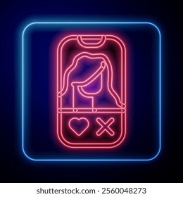 Glowing neon Dating app online mobile concept icon isolated on blue background. Female male profile flat design. Couple match for relationship.  Vector