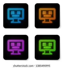 Glowing neon Dead monitor icon isolated on white background. 404 error like pc with dead emoji. Fatal error in pc system. Black square button. Vector Illustration