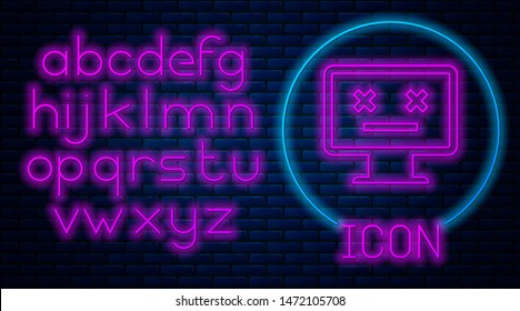 Glowing neon Dead monitor icon isolated on brick wall background. 404 error like pc with dead emoji. Fatal error in pc system. Neon light alphabet. Vector Illustration