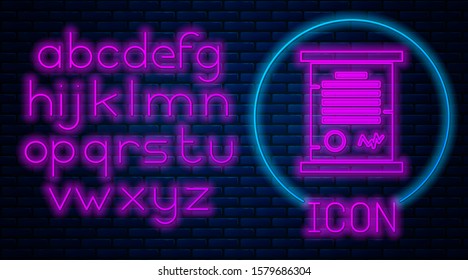 Glowing neon Decree, paper, parchment, scroll icon icon isolated on brick wall background. Neon light alphabet. Vector Illustration