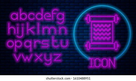 Glowing neon Decree, paper, parchment, scroll icon icon isolated on brick wall background. Neon light alphabet. Vector Illustration