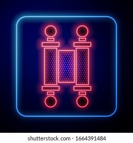 Glowing neon Decree, paper, parchment, scroll icon icon isolated on blue background. Chinese scroll.  Vector Illustration