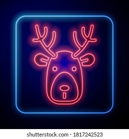 Glowing neon Deer head and antlers icon isolated blue background   Vector