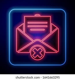 Glowing neon Delete envelope icon isolated on blue background. Delete or error letter. Cross on message. Rejected mail.  Vector Illustration