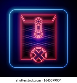 Glowing neon Delete envelope icon isolated on blue background. Delete or error letter. Cross on message. Rejected mail.  Vector Illustration