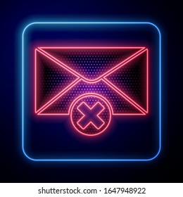 Glowing neon Delete envelope icon isolated on blue background. Delete or error letter. Cross on message. Rejected mail.  Vector Illustration