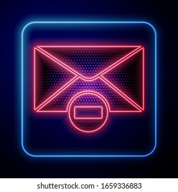 Glowing neon Delete envelope icon isolated on blue background. Delete or error letter. Cross on message. Rejected mail.  Vector Illustration