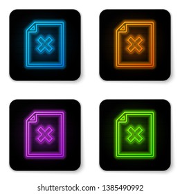 Glowing neon Delete file document icon isolated on white background. Rejected document icon. Cross on paper. Black square button. Vector Illustration
