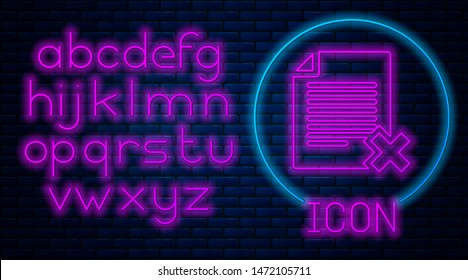 Glowing neon Delete file document icon isolated on brick wall background. Rejected document icon. Cross on paper. Neon light alphabet. Vector Illustration