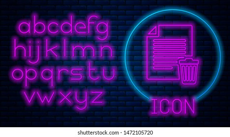Glowing neon Delete file document icon isolated on brick wall background. Paper sheet with recycle bin sign. Rejected document icon. Cross on paper. Neon light alphabet. Vector Illustration