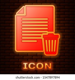 Glowing neon Delete file document icon isolated on brick wall background. Paper sheet with recycle bin sign. Rejected document icon. Cross on paper.  Vector Illustration