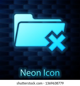 Glowing neon Delete folder icon isolated on brick wall background. Folder with recycle bin. Delete or error folder. Close computer information folder sign. Vector Illustration