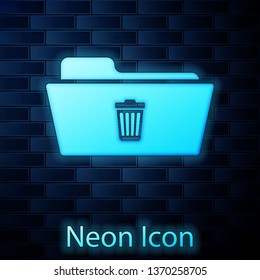 Glowing neon Delete folder icon isolated on brick wall background. Folder with recycle bin. Delete or error folder. Close computer information folder sign. Vector Illustration