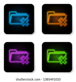 Glowing neon Delete folder icon isolated on white background. Folder with recycle bin. Delete or error folder. Close computer information folder sign. Black square button. Vector Illustration