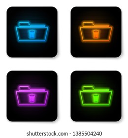 Glowing neon Delete folder icon isolated on white background. Folder with recycle bin. Delete or error folder. Close computer information folder sign. Black square button. Vector Illustration