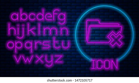 Glowing neon Delete folder icon isolated on brick wall background. Folder with recycle bin. Delete or error folder. Close computer information folder. Neon light alphabet. Vector Illustration