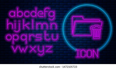 Glowing neon Delete folder icon isolated on brick wall background. Folder with recycle bin. Delete or error folder. Close computer information folder. Neon light alphabet. Vector Illustration