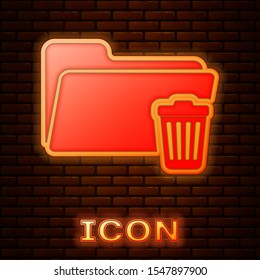 Glowing neon Delete folder icon isolated on brick wall background. Folder with recycle bin. Delete or error folder. Close computer information folder.  Vector Illustration