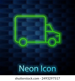 Glowing neon Delivery cargo truck vehicle icon isolated on brick wall background.  Vector
