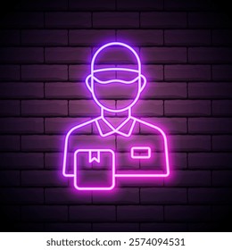 Glowing neon Delivery man with cardboard boxes icon isolated on brick wall background. Door to door delivery by courier. Vector Illustration