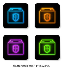 Glowing neon Delivery pack security symbol with shield icon isolated on white background. Delivery insurance. Insured cardboard boxes beyond the shield. Black square button. Vector Illustration