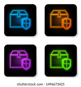 Glowing neon Delivery pack security symbol with shield icon isolated on white background. Delivery insurance. Insured cardboard boxes beyond the shield. Black square button. Vector Illustration