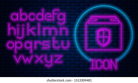 Glowing neon Delivery pack security symbol with shield icon isolated on brick wall background. Delivery insurance. Insured cardboard boxes beyond the shield. Neon light alphabet. Vector Illustration
