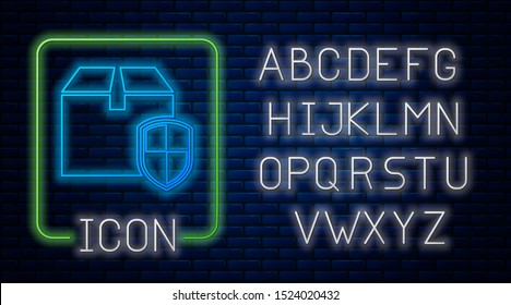 Glowing neon Delivery pack security symbol with shield icon isolated on brick wall background. Delivery insurance. Insured cardboard boxes beyond the shield. Neon light alphabet. Vector Illustration