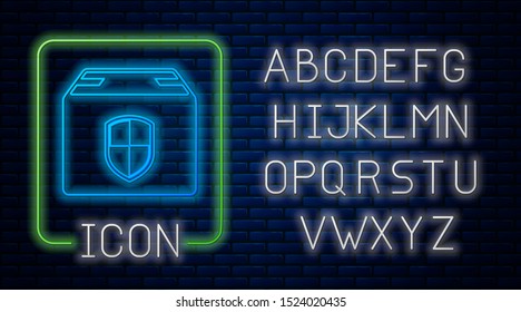 Glowing neon Delivery pack security symbol with shield icon isolated on brick wall background. Delivery insurance. Insured cardboard boxes beyond the shield. Neon light alphabet. Vector Illustration