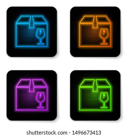 Glowing neon Delivery package box with fragile content symbol of broken glass icon isolated on white background. Box, package, parcel sign. Black square button. Vector Illustration