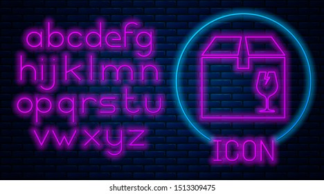 Glowing neon Delivery package box with fragile content symbol of broken glass icon isolated on brick wall background. Box, package, parcel sign. Neon light alphabet. Vector Illustration