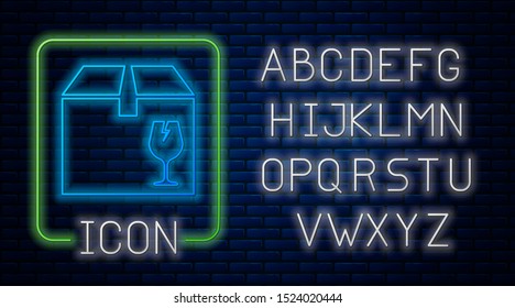 Glowing neon Delivery package box with fragile content symbol of broken glass icon isolated on brick wall background. Box, package, parcel sign. Neon light alphabet. Vector Illustration